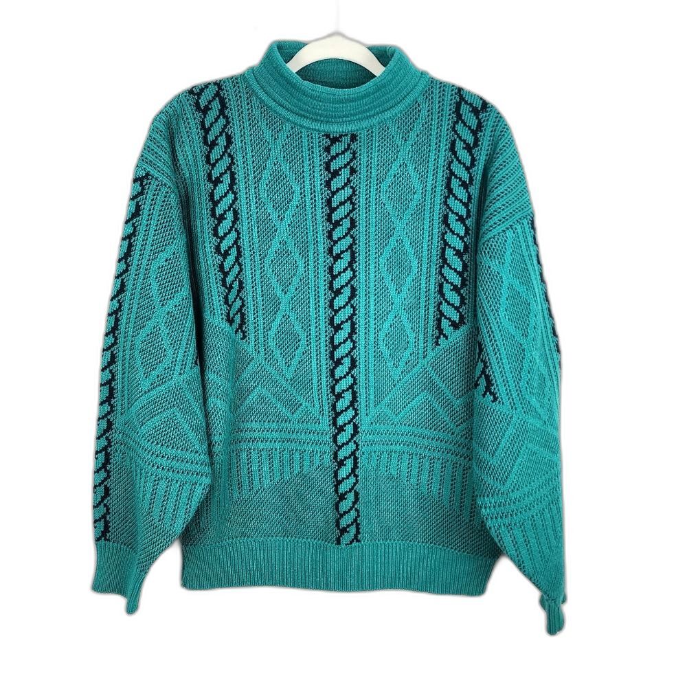 Vintage Hoopla 80s Geometric Knit Sweater Medium Teal Green Black Retro Funky